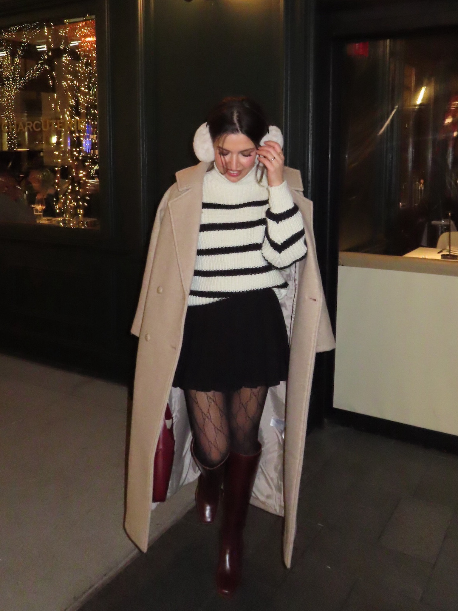 Winter fashion - mini skirt, striped sweater with burgundy boots and bag and an oversized coat

#LTKStyleTip #LTKItBag #LTKFindsUnder100