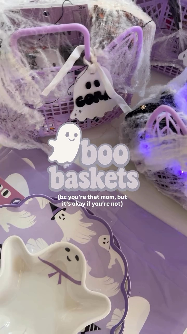 BOO 👻 BASKETS 🔮

tap follow and comment a 💜 for direct links and for more finds for the family, home inspo and DIY 

this is my 8th year of boo baskets for my girlies, if you haven’t noticed yet I love traditions and making everything extra special. my girls are (8,6,4) for reference. there are many things I started with my oldest and continued to stick with! I give them their boo baskets on October 1, ive had these jelly baskets for 3 years now ($5 at target) and they have held up great. I usually get plates and cups for them to use all season, along with a new book, some treats and some other little things I know they will use. they look forward to these every year now and I love that! 

I dress them up with some spiderweb and Halloween fairy lights ✨ and for the first time I finally got official name tags ◡̈