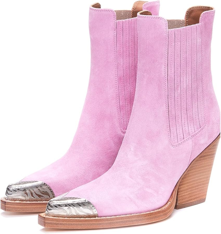 Goolita Suede Western Cowboy Boots For Women Metal Pointed Toe Stacked Block Heel Cowgirl Ankle B... | Amazon (US)