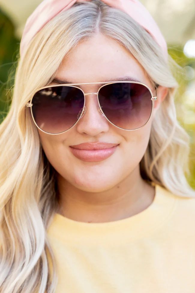 Talk The Talk Gold Frame Brown Aviator Sunglasses FINAL SALE | Pink Lily