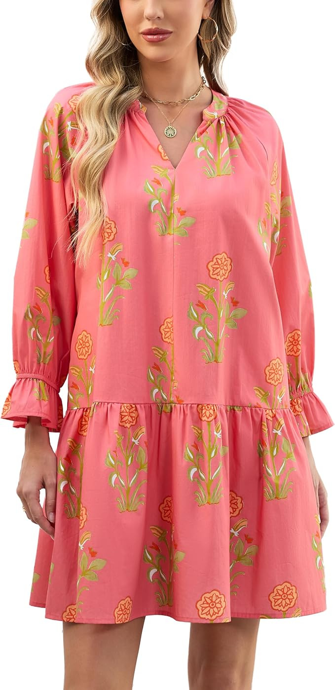 Women's 2026 Summer Boho Floral Mini Dress V Neck Puff Long Sleeve Ruffle Tiered Flowy Beach Vaca... | Amazon (US)