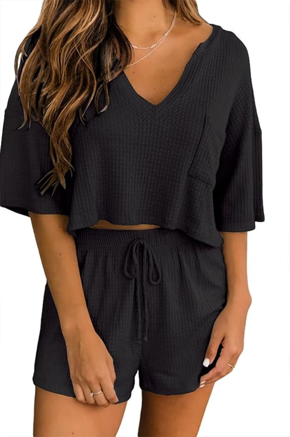 EZBELLE Women's V Neck Waffle Knit Pajamas Set Short Sleeve Crop Tops with Shorts 2 Piece Outfit ... | Amazon (US)