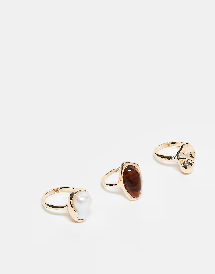 ASOS DESIGN pack of 3 rings with faux pearl and molten design in gold tone | ASOS (Global)