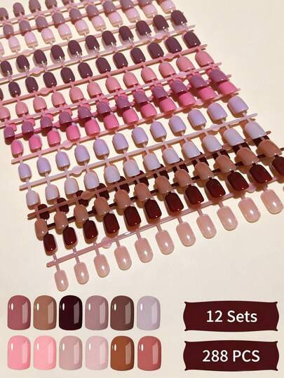288pcs (12 Colors) Rectangular Solid Color Press-On Nail Tips, Brown Nails, Light Brown Nails, Khaki Nails, Camel Nails, Perfect Fit Short Acrylic False Nails Set, Suitable For Women And Girls For Daily Work, Holiday Parties And Other Occasions | SHEIN