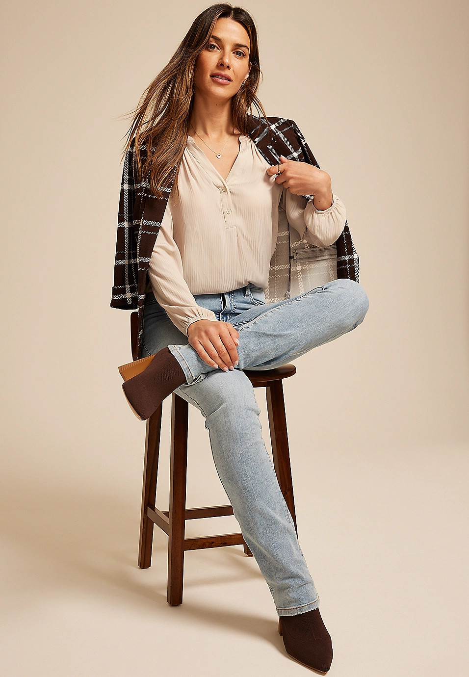 Striped Henley V Neck Blouse | Maurices