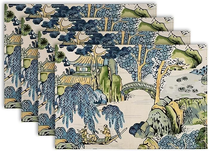 AnyDesign Chinoiserie Placemats Asian Scenic Blue and Kelly Green Table Mats Washable Farmhouse O... | Amazon (US)