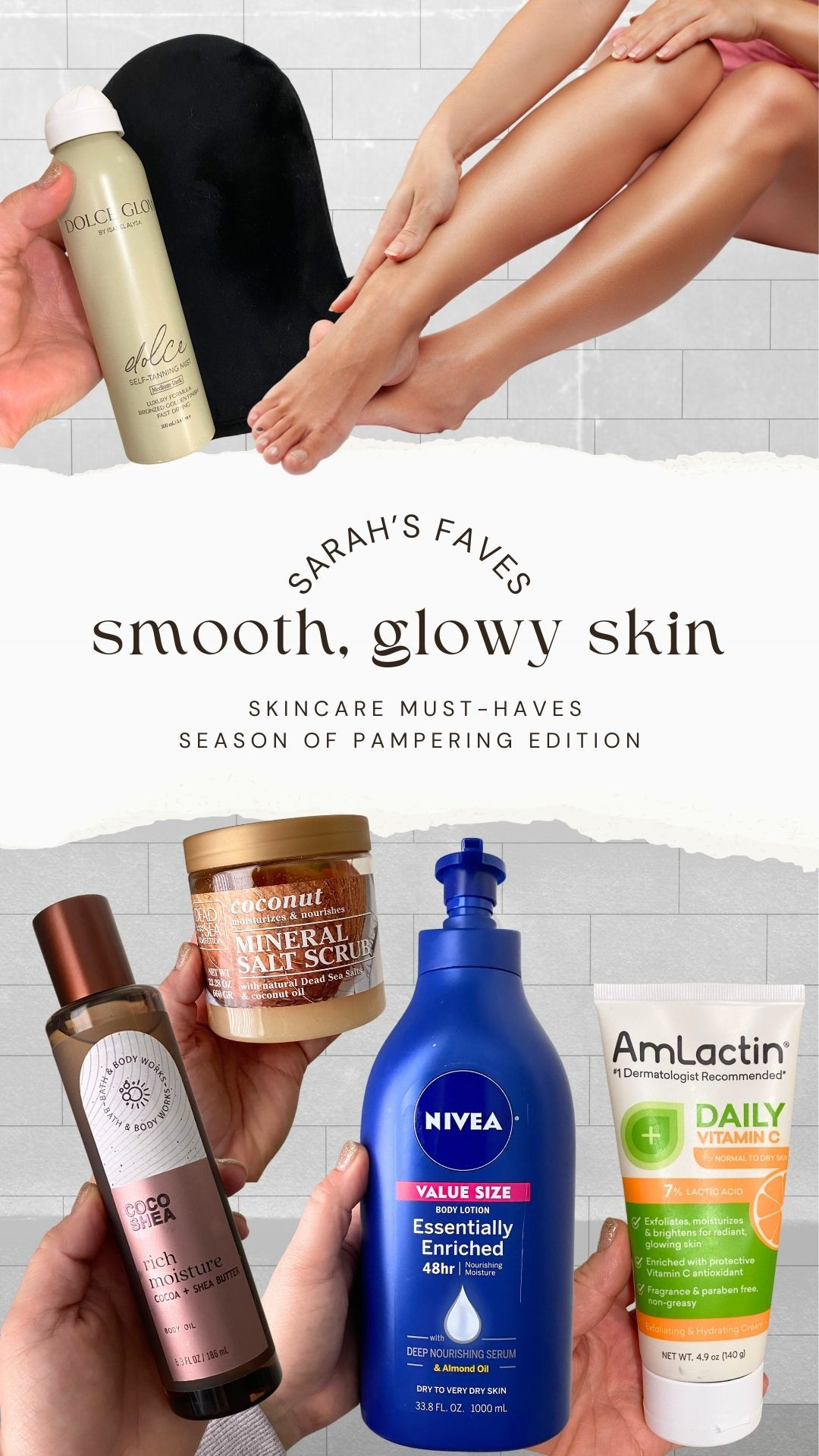 Welcome to the season of pampering! Here are 5 of my fave products to achieve soft, smooth, glowy skin. 

☑️Problems with ingrown hairs or body breakouts? AmLactin is the answer. It has 7% lactic acid to help your skin turnover quicker, resulting in less ingrowns and breakouts!

☑️Bath & Body Works Coco Shea oil is my FAVORITE body oil- hands down! The fragrance is so soft that if you wear it alone, it'll act as a "your skin but better" scent; if you pair it with a perfume, the coconut notes will help to warm up the perfume scent.

☑️Dead Sea coconut scrub is a thick, salt + oil scrub. I love that the salt doesn't dissolve right away, so you can get a great full body scrub session using a little bit of the product.

☑️If you've never tried Dolce Glow self tanners, you gotta hop on it! This is for you if you want a natural glow without the self tanner scent. Make sure to snag the mitt to help with buffing.

☑️Nivea Essentially Enriched serum body lotion has always been my go-to full body lotion. You will get the smoothest skin- especially if you use it after deep exfoliating. As smooth as a baby seal! 

 

#LTKCyberWeek #LTKBeauty #LTKHoliday