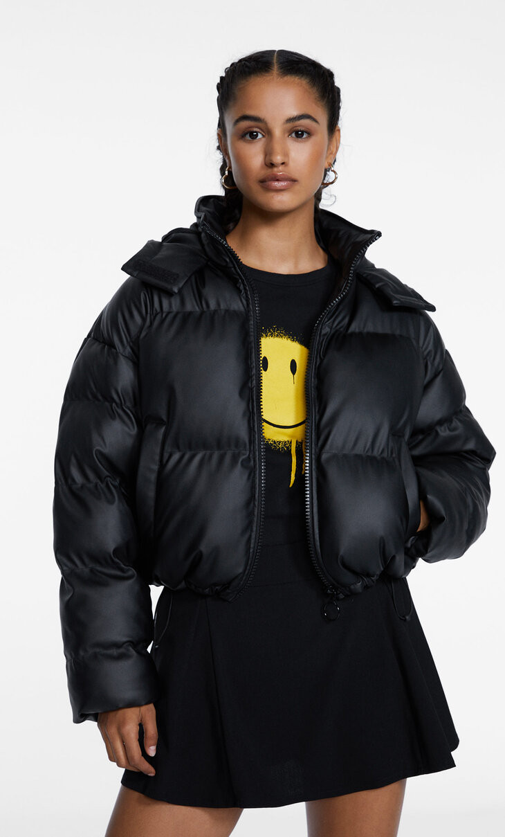 Faux leather hooded jacket - Women's fashion | Stradivarius United Kingdom | Stradivarius (UK)