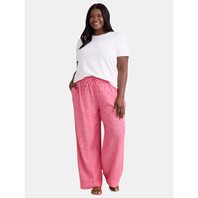 Time and Tru Women's and Women's Plus Wide Leg Linen Blend Pants, 29" Inseam, Sizes XS-4X | Walmart (US)