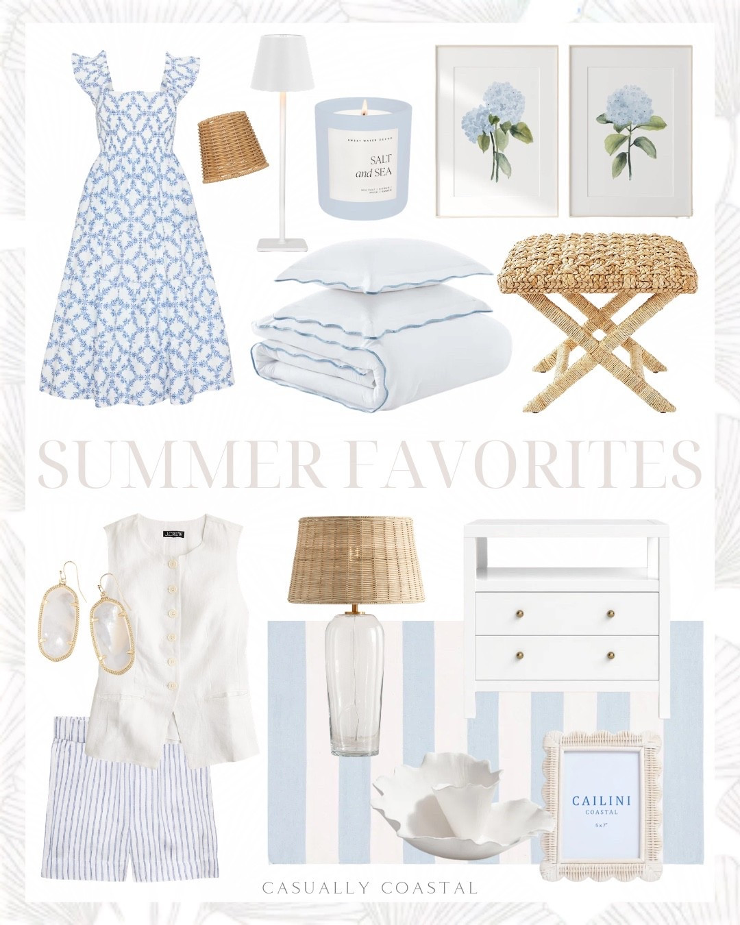 Summer Favorites

Coastal home, coastal dress, coastal bedding, coastal rug, coastal lamp, coastal outfit, coastal wall art, coastal decor, coastal candle, abstract blue hydrangea floral prints, waterproof cordless LED lamp, Amazon lamp, Hill House the Ellie Nap dress, blue and white dress, summer dress, x-base stool, wayfair bedding, scallop cotton blue comforter set, wayfair rug, striped rug, cotton area rug, blue and ivory rug, woven table lamp, 2 drawer nightstand, wayfair nightstand, sweet water decor salt and sea soy candle, scallop rattan photo frame, coastal photo frame, white vest linen top, linen shorts, Kendra Scott drop earrings, Amazon earrings, ceramic tabletop centerpiece

#LTKHome #LTKSeasonal