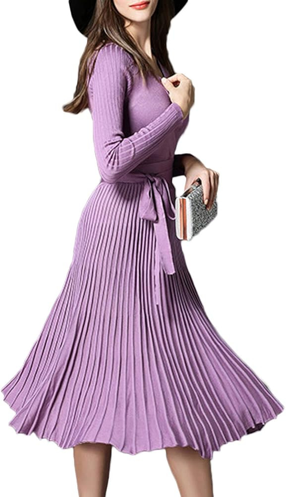 Women V Neck Long Sleeve Mock Wrap Fit Flare Belted Knit Sweater Dress | Amazon (US)