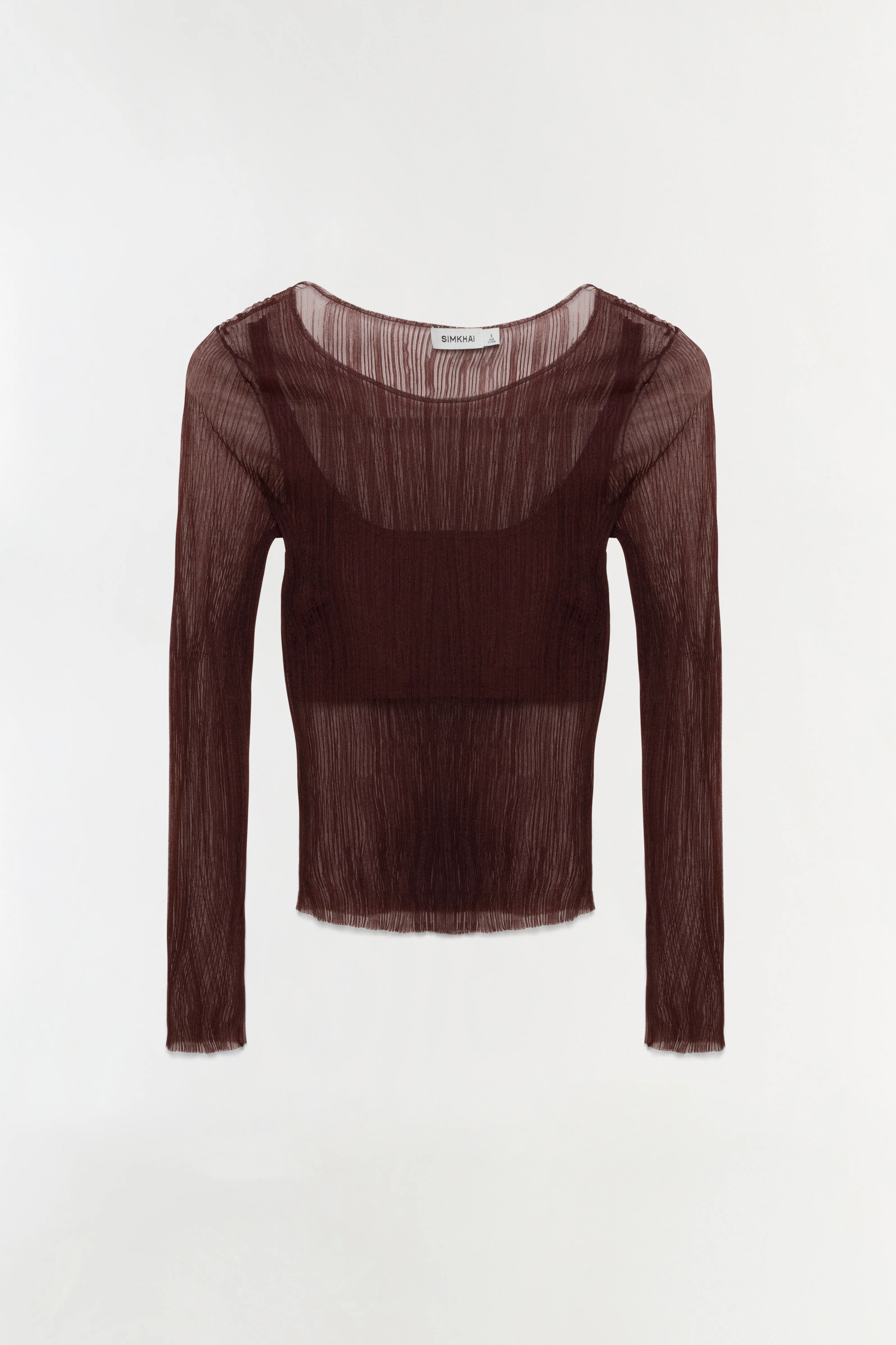 SIMKHAI Women's Knitted Leonie Sheer Plisse Long Sleeve Top in Mahogany, Size Medium | Simkhai