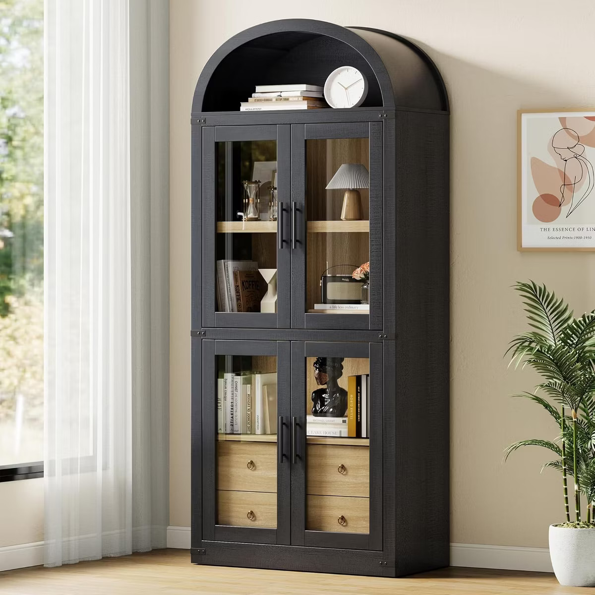 71.4" Arched Farmhouse Bookcase w/ Doors & Drawers, 15.83" Deep Wood Display Cabinet for Living R... | Target