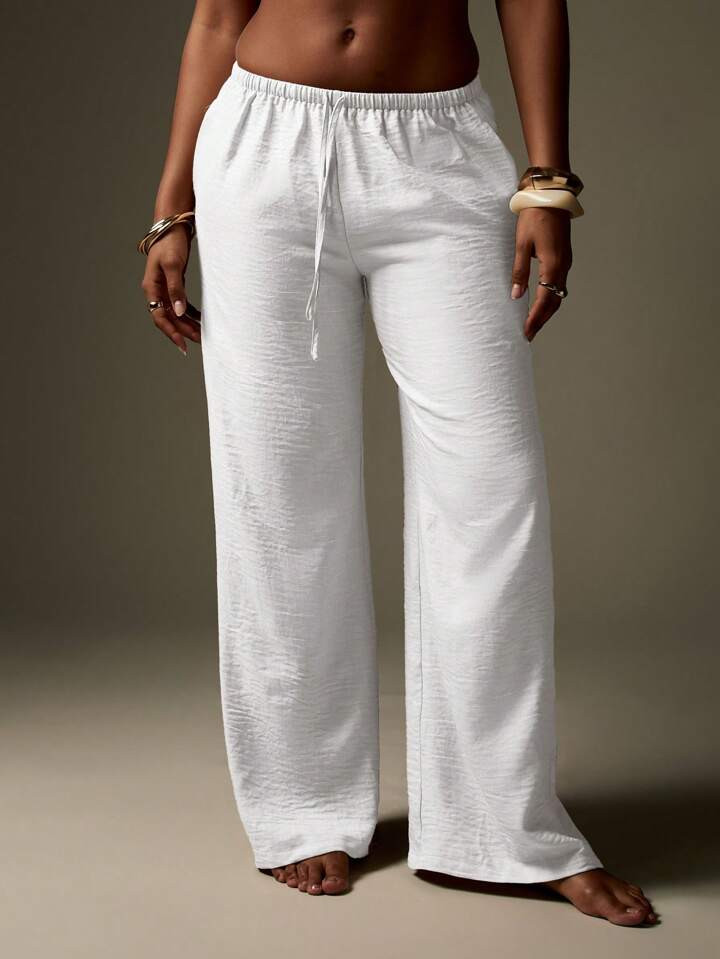 MISSGUIDED Wide Leg Linen Feel Beach Resort Drawstring Pants Lounge Palazzo Vacation Summer Trousers Casual Comfort Elastic Waist | SHEIN