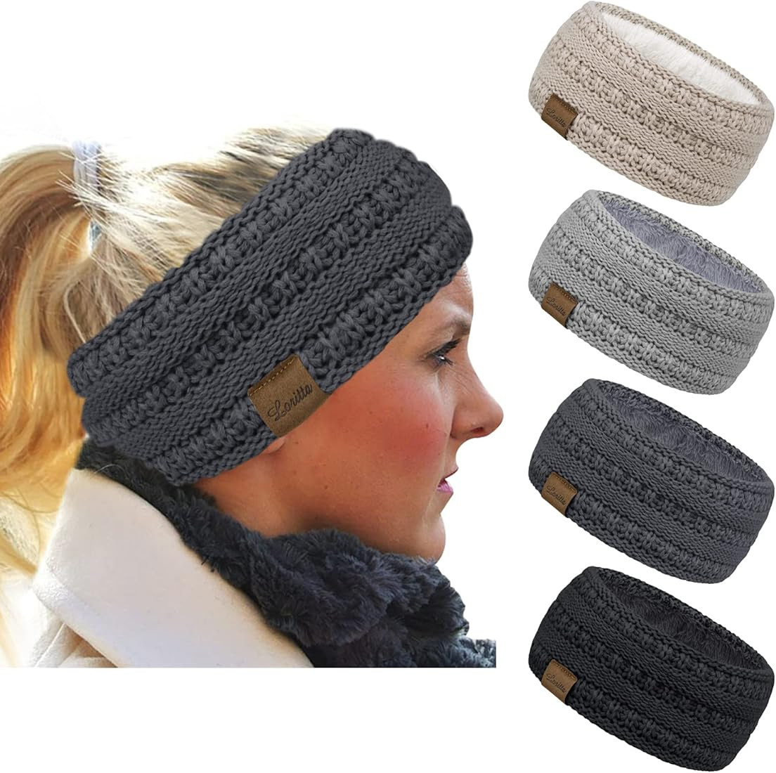 Loritta 4 Pack Womens Winter Headbands Fuzzy Fleece Lined Ear Warmer Cable Knit Thick Warm Croche... | Amazon (US)
