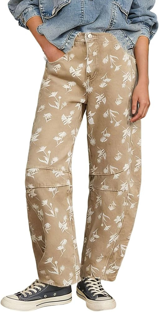 loveimgs Women Casual Baggy Floral Barrel Jeans Y2k Boyfriend Mid Waist Flower Printed Jeans Patchwork Wide Leg Denim Pants | Amazon (US)