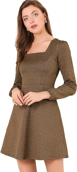 Allegra K Women's Fall Vintage Square Neck Long Sleeve Plaid Dress | Amazon (US)