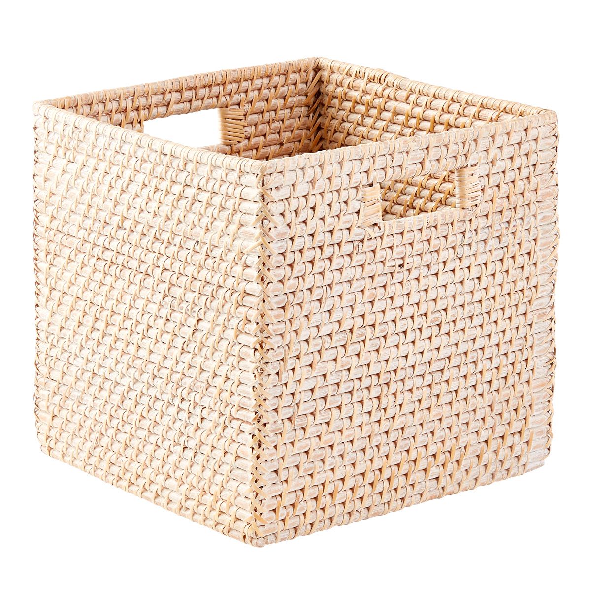 Large Rattan Cube w/ Handles Whitewash | The Container Store