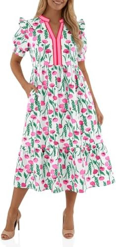 Wenrine Womens Summer Midi Dress Casual Floral Puff Short Sleeve V Neck Swing Flowy Boho Beach Dr... | Amazon (US)
