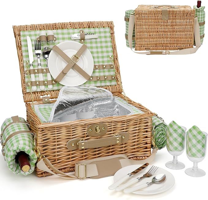 Picnic Basket for 2, Insulated Willow Picnic Baskets with Shoulder Strap, Picnic Hamper with Wate... | Amazon (US)