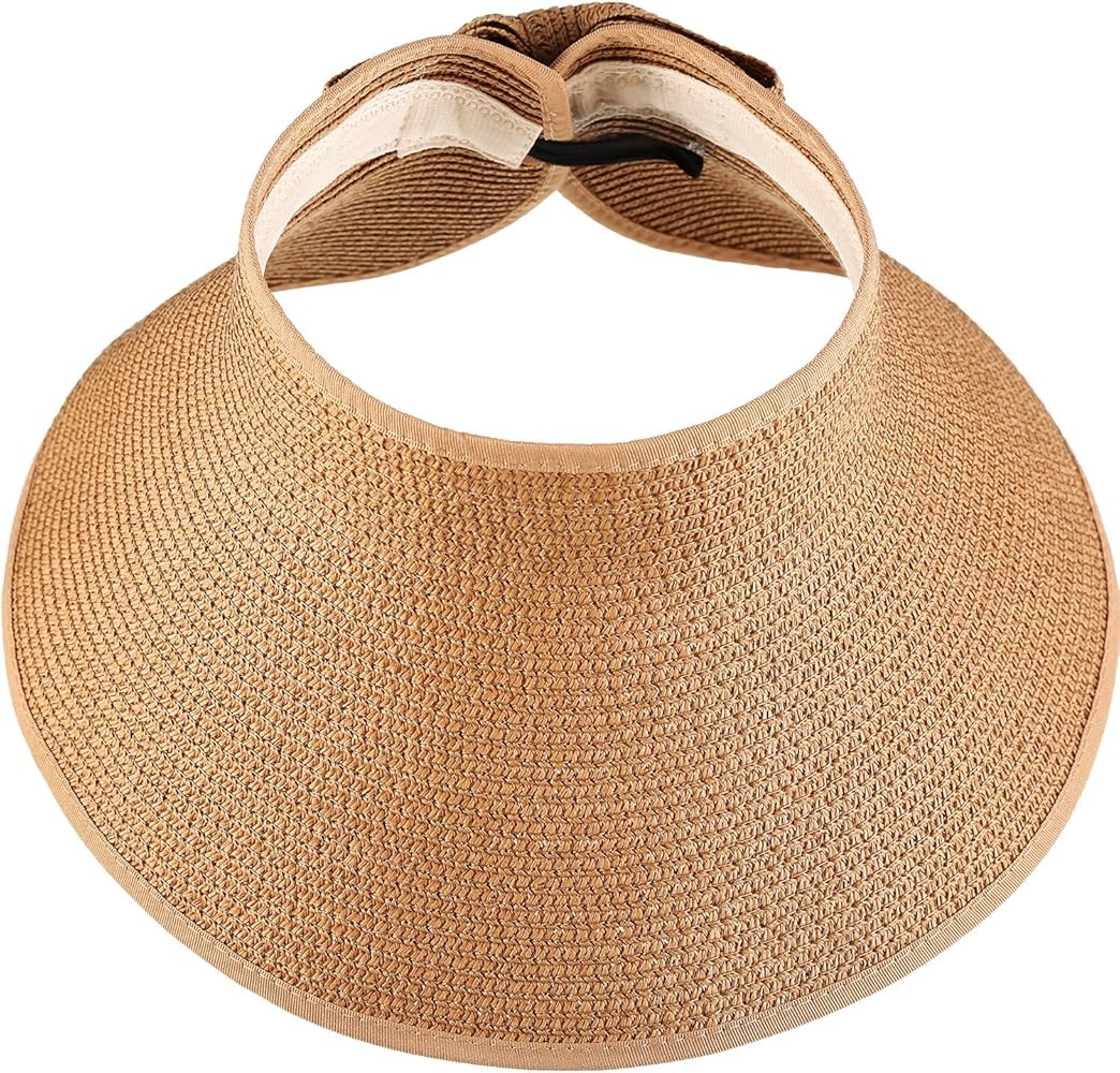 HESTYA Women's Wide Brim Roll-up Straw Sun Visor Packable Foldable Sun Visor Beach Open Top Hat | Amazon (US)