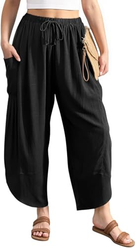 TARSE Women's Linen Harem Pants Casual Loose Drawstring Elastic Waist Summer Beach Travel Vacation with Pockets(Black,S) | Amazon (US)