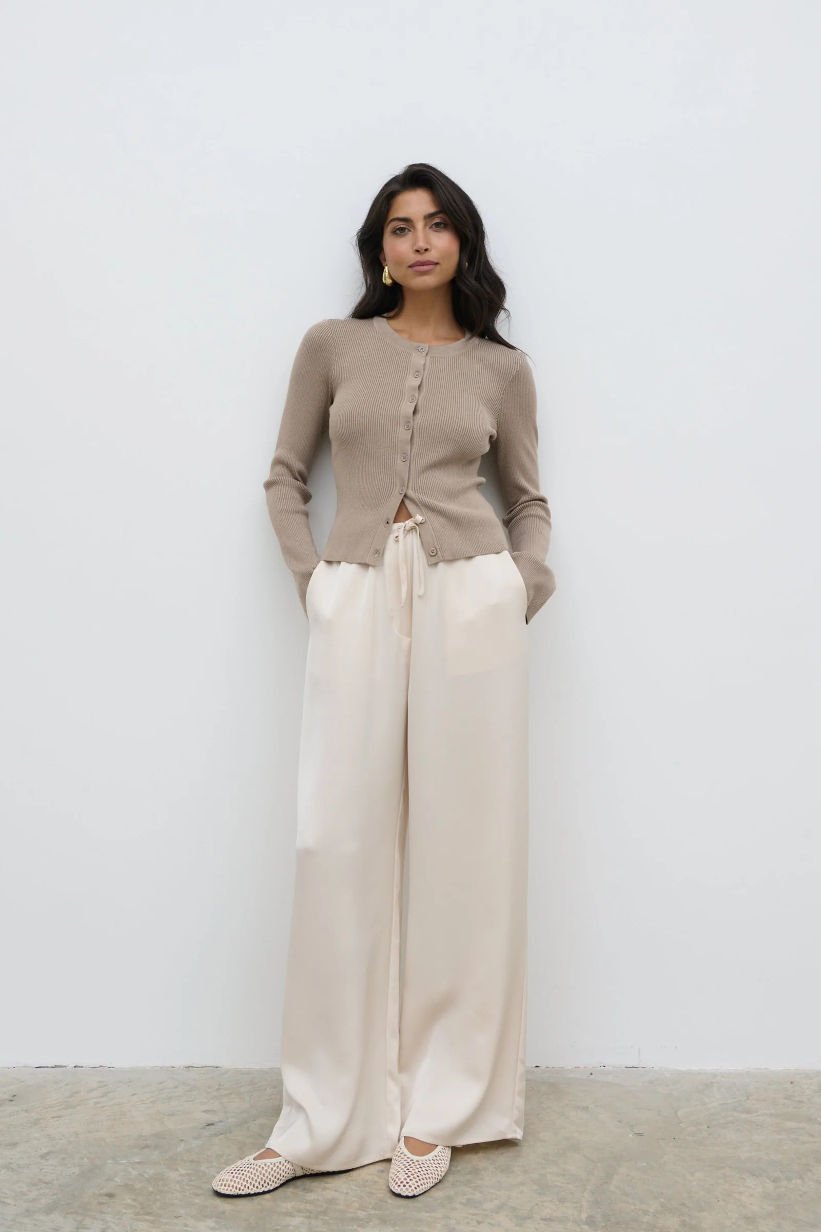 Lacey Button Down Top - Taupe | Pretty Lavish (UK)