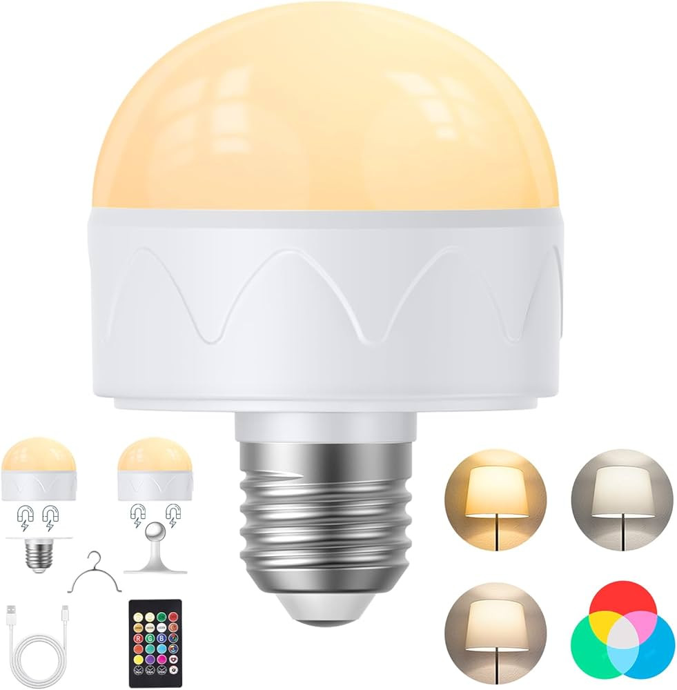 merloly Rechargeable Light Bulbs with Remote,Battery Operated Light Bulb 2200mAh E26 Detachable C... | Amazon (US)