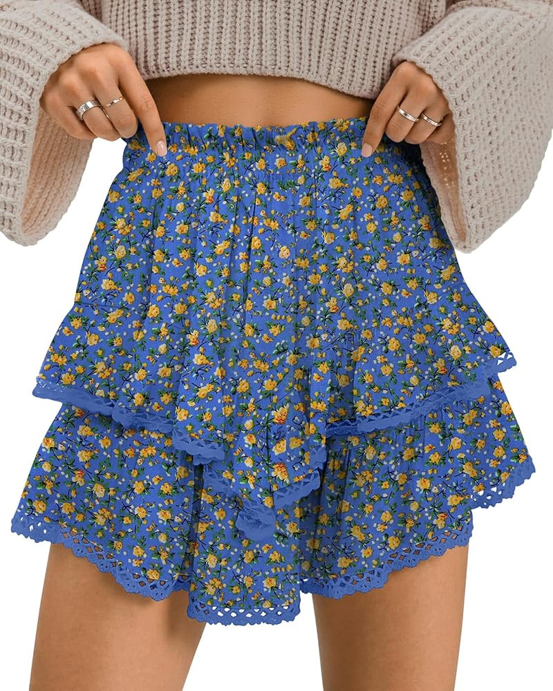 TARSE Womens Flowy Shorts High Waist Pleated Mini Skirts Casual Boho Ruffle Tiered Skorts Cute Ve... | Amazon (US)