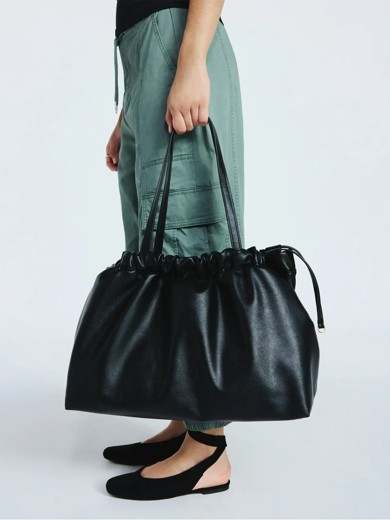 Scoop Women's Faux Leather Oversized Drawstring Pouch Tote, Black | Walmart (US)