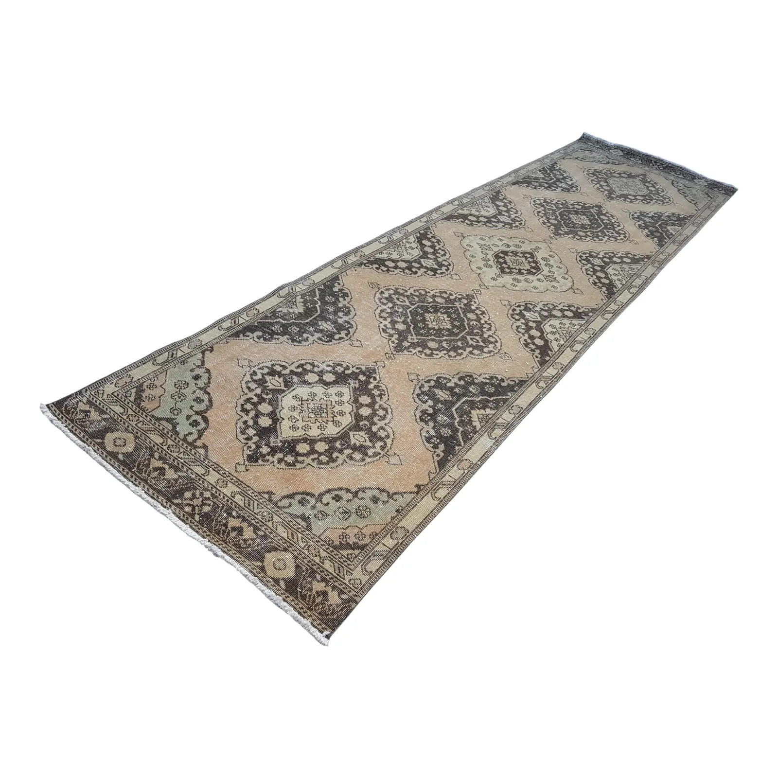 1970s Hand Knotted Vintage Turkish Anatolian Oushak Runner 3'6" X 12'5" | Chairish