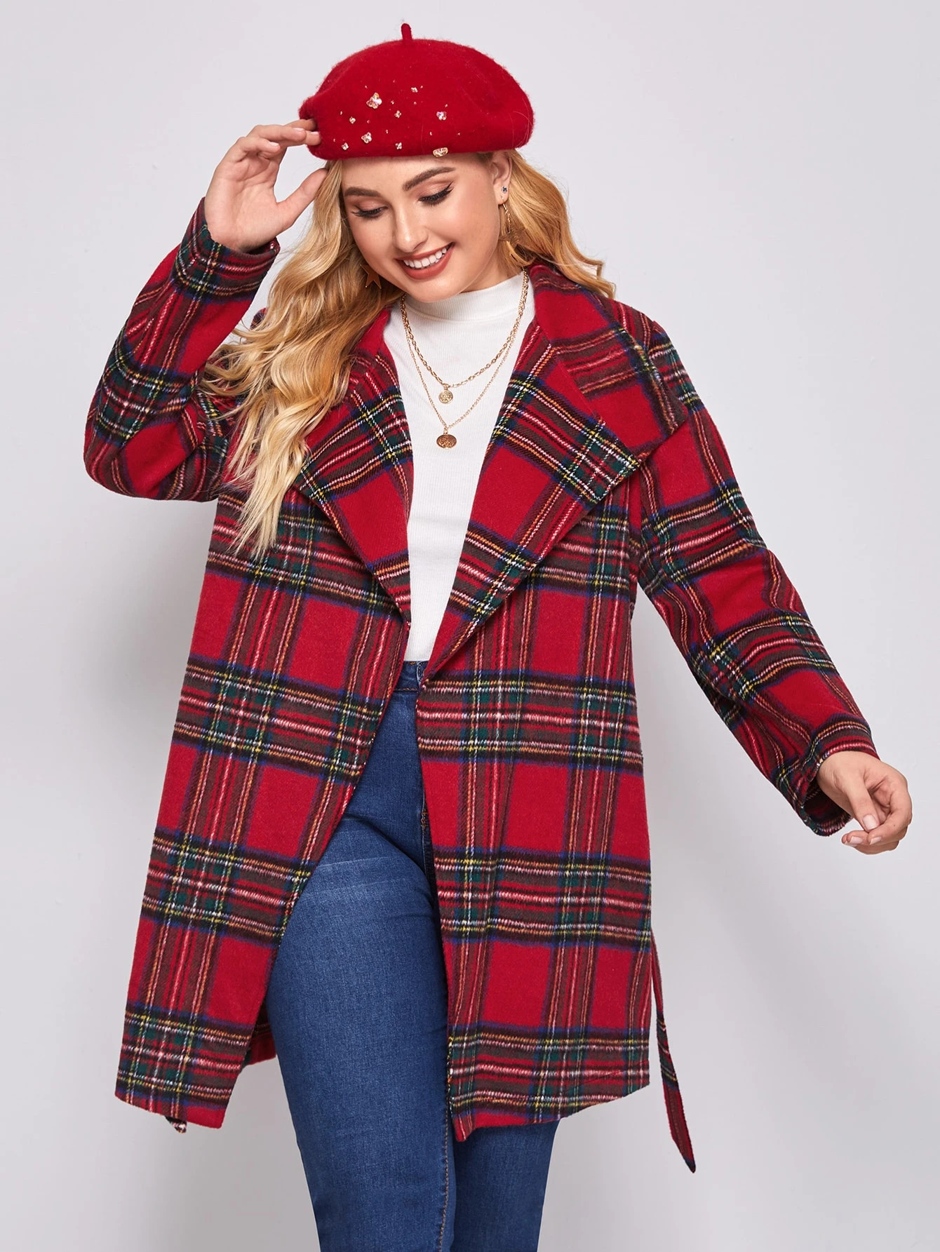 Plus Tartan Plaid Belted Overcoat | SHEIN