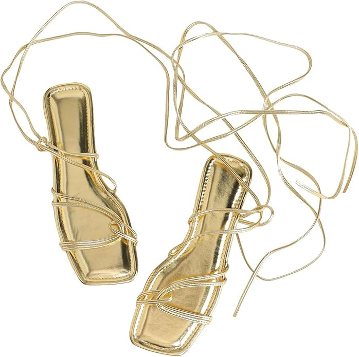 GORGLITTER Women's Lace Up Flat Sandals Criss Cross Tie Up Sandals Square Toe Strappy Gladiator S... | Amazon (US)