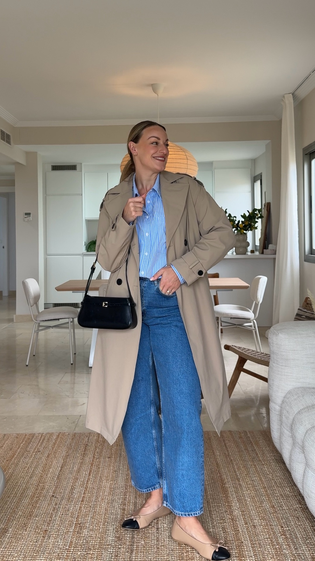 Spring outfit day four of 30 days of mid-size friendly outfits on my size 12 to 14 body
Mid wash blue straight leg jeans, white and blue striped shirt, trenchcoat waterproof Zara, CHANEL style ballet flats, mini black leather handbag


#LTKspring #LTKuk #LTKmidsize