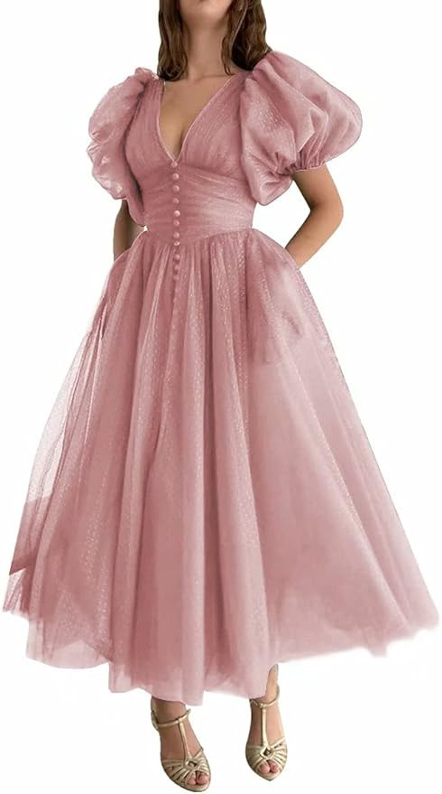 Xijun Puffy Sleeve Prom Dresses for Women Dotted Tulle V Neck Formal Evening Party Gowns Tea Leng... | Amazon (US)