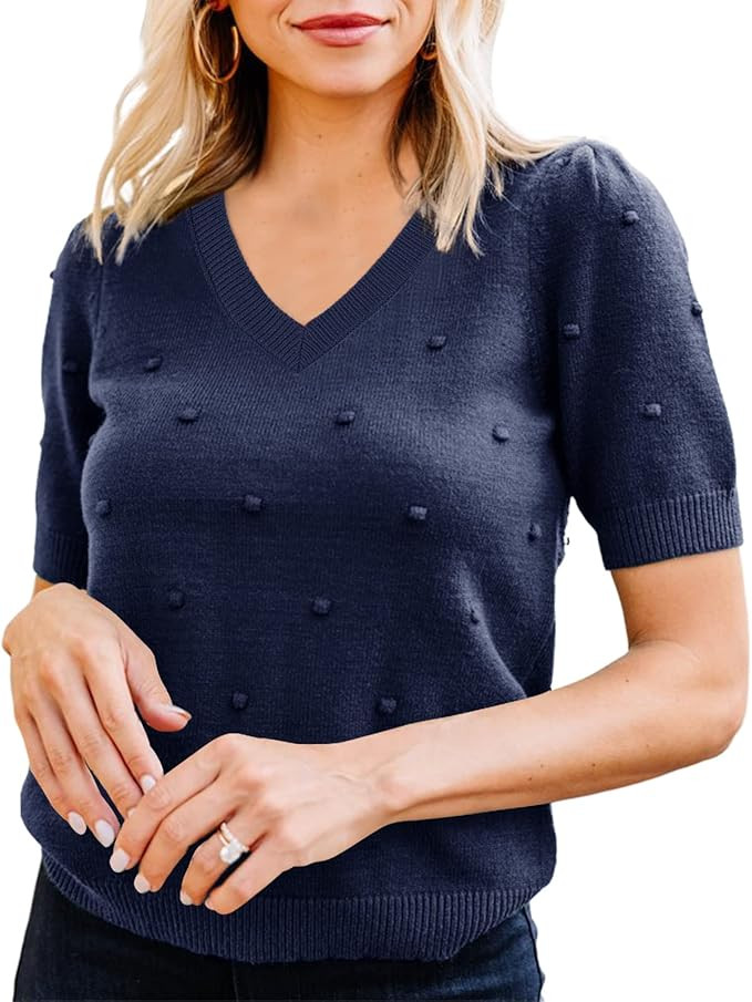 Foshow Womens Spring Puff Short Sleeve Sweaters Crew Neck Pullover Tops Dot Loose Lightweight Kni... | Amazon (US)