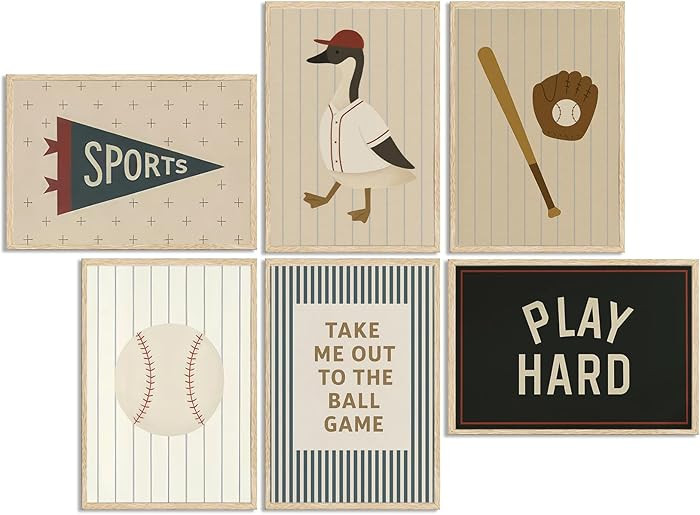 6Pcs Boys Sports Wall Art Baseball Kids Room Wall Picture Decor Vintage Nursery Poster Prints Ret... | Amazon (US)