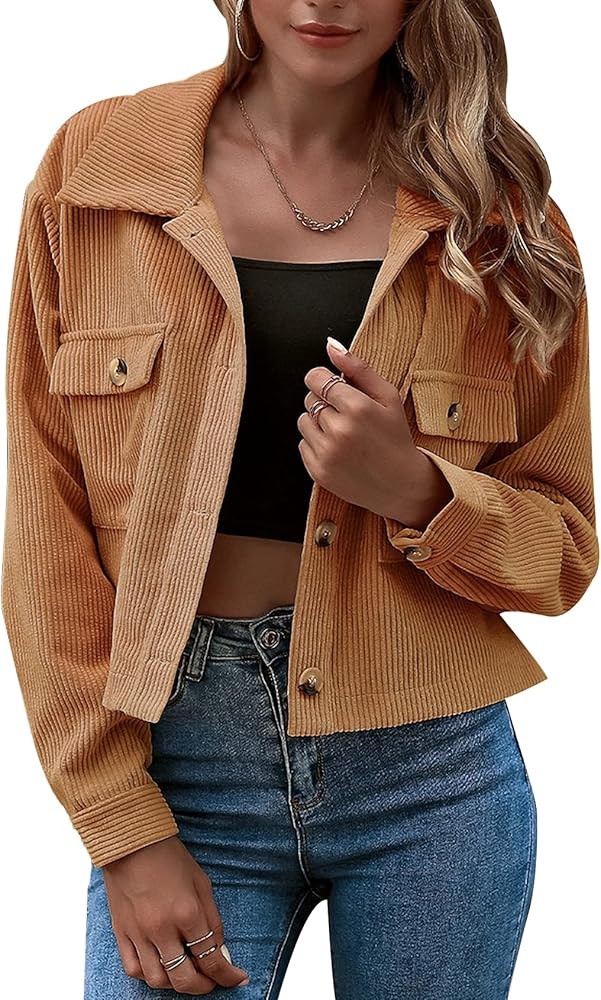 Gihuo Women's Fashion Cropped Shacket Button Down Corduroy Shacket Jackets | Amazon (US)