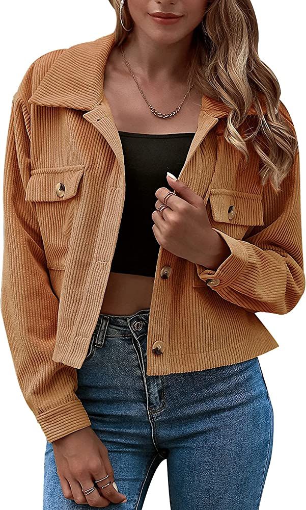 Gihuo Women's Fashion Cropped Shacket Button Down Corduroy Shacket Jackets | Amazon (US)