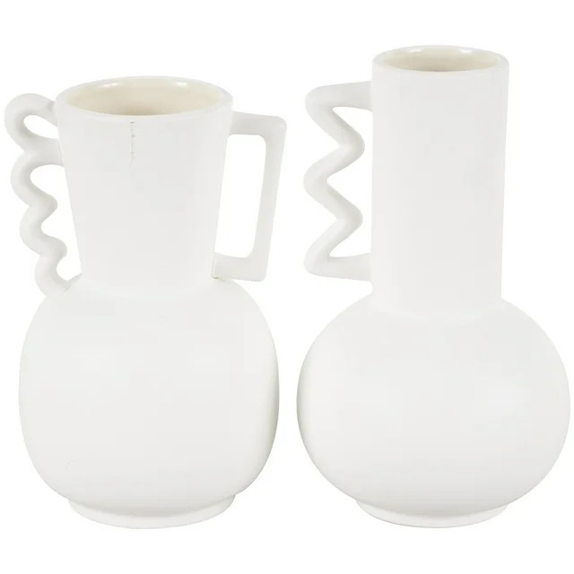 DecMode 10", 9"H White Ceramic Vase with Varying Shapes and Wavy Handles, Set of 2 | Walmart (US)