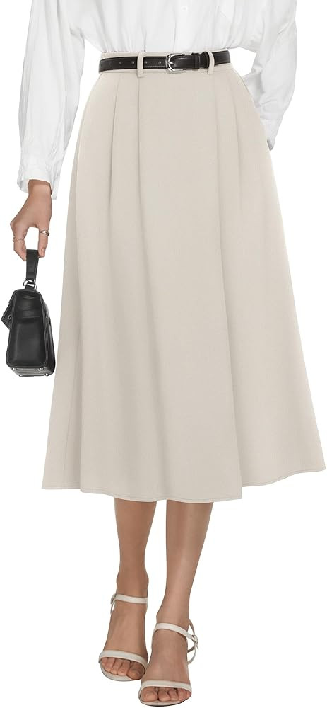 Casly Lamiit Women's High Waisted Midi Skirts Summer Business Skirt Flare Work A Line Pleated Ski... | Amazon (US)