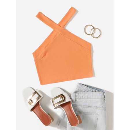 Coral Orange Rib Knit Halter Crop Top | Walmart (US)