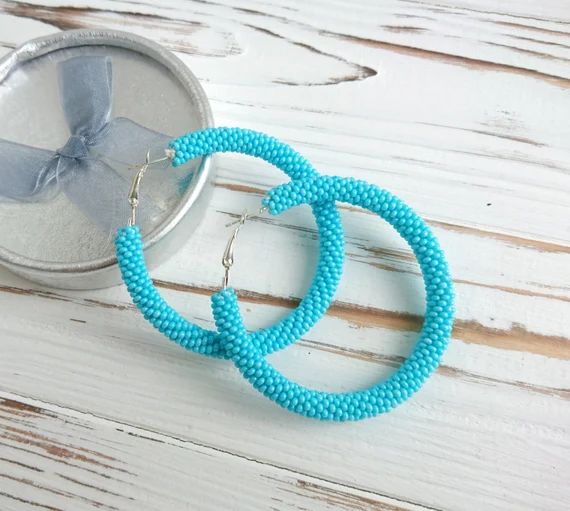 Turquoise beaded earrings, Statement Boho seed bead earrings, Bridesmaid gift, Big hoop earrings,... | Etsy (US)