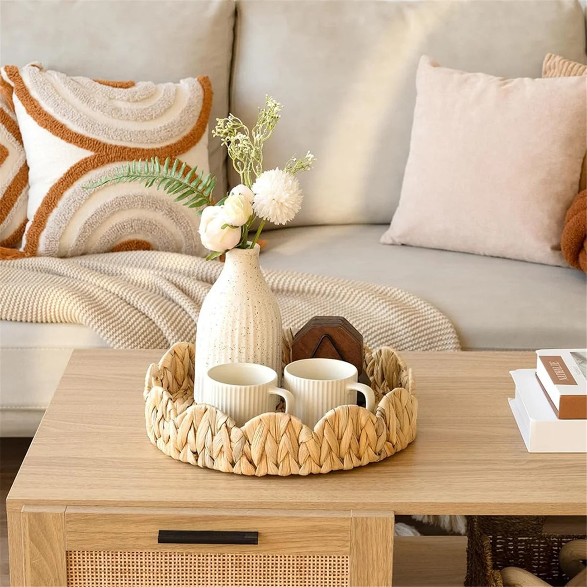 Scalloped Edge Round Tray, Serving Tray with Built-in Handles, Decoratve for Coffee Table, Rattan | Walmart (US)