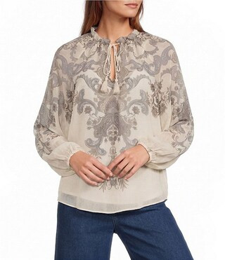 Lilith Paisley Print Voile Split V-Neck Tie Front Long Sleeve Coordinating Blouse | Dillard's