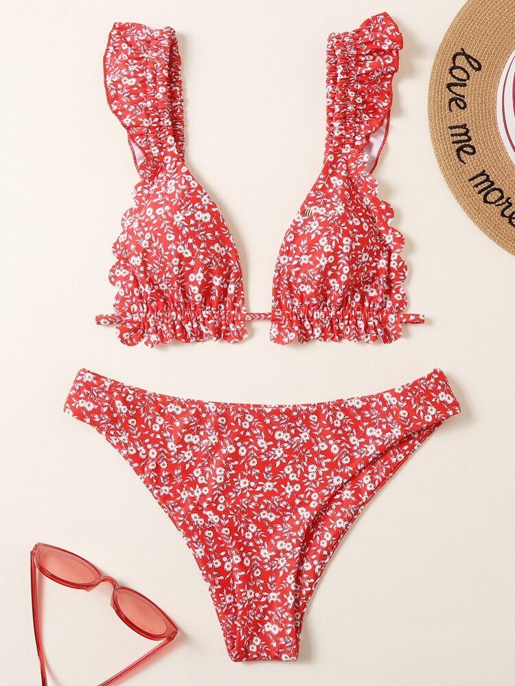 Ditsy Floral Print Frill Trim Bikini Swimsuit | SHEIN