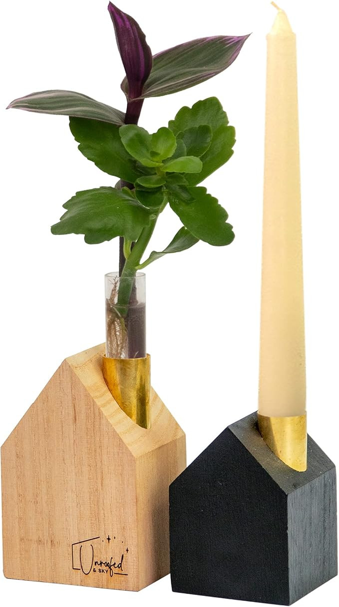 Unroofed&Sky Wood House Taper Candle Holder Set of 2 - Farmhouse Tiered Tray Decor Items, Plant P... | Amazon (US)