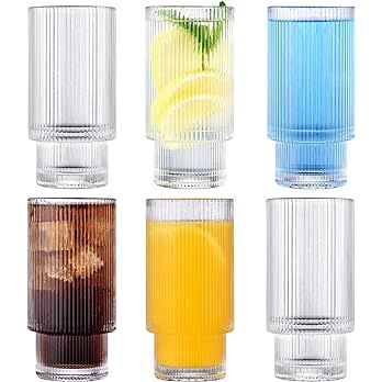 BJMEDYM Glass Cups, Vintage Glassware 6pc Set, 12oz Origami Style Glass Cup, Ribbed Glassware, Fl... | Amazon (US)