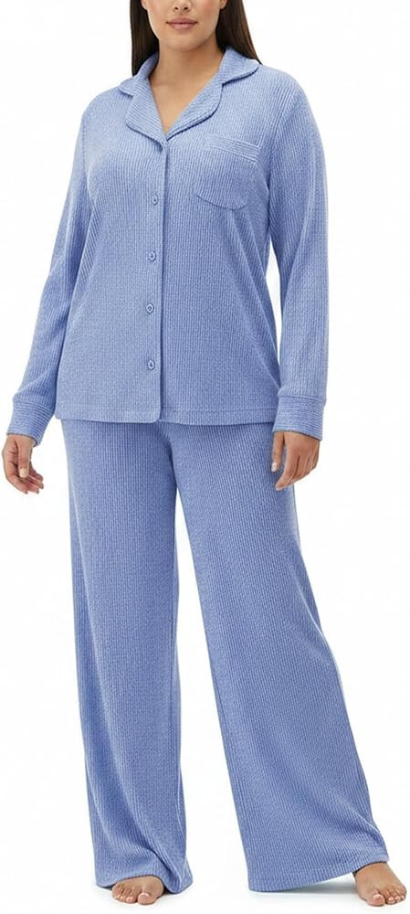 Women's Pajama Sets Long Sleeve Button Down Soft Knit Sleepwear 2 Piece Lounge Set | Amazon (US)