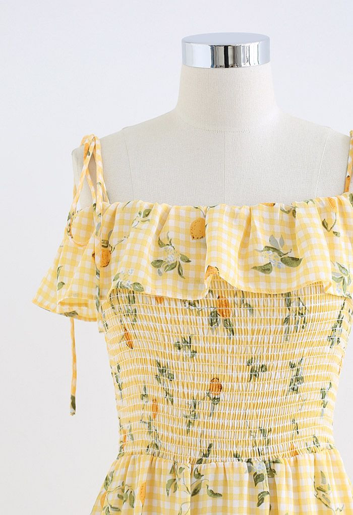 Lemon and Gingham Print Shirred Midi Dress | Chicwish